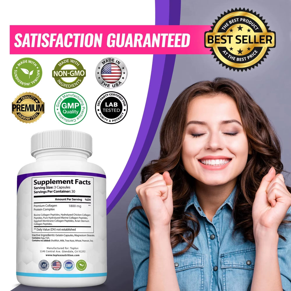 Collagen Peptides 1800Mg - Hair & Skin Health, Anti-Aging - Types I,II,III,V,X, Joint and Bone Health