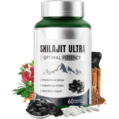 Shilajit Ultra with L-Arginine for Natural Energy and Vitality 60 Capsules Non-Gmo Endurance Stamina Antioxidant Supplement